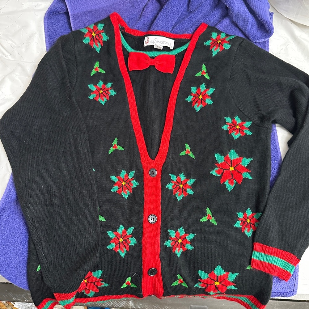 Jolly Sweaters - Men’s Ugly Christmas Sweater-Black w Bowtie, Pointsettia's - Picture 1 of 5